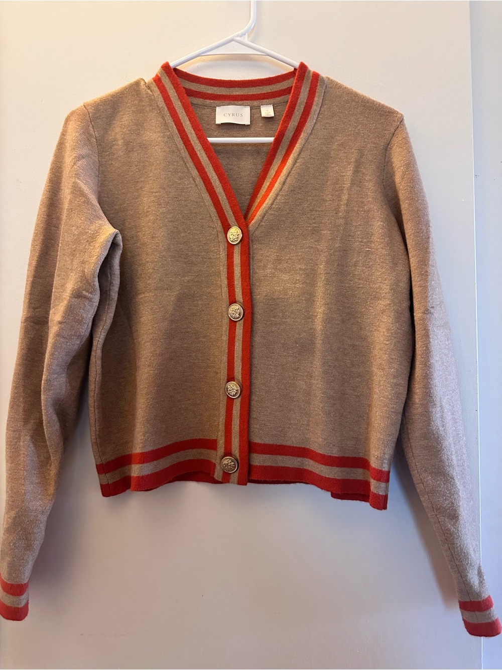 Cyrus Taupe Cardigan with Red-Orange Trim Fall Cold